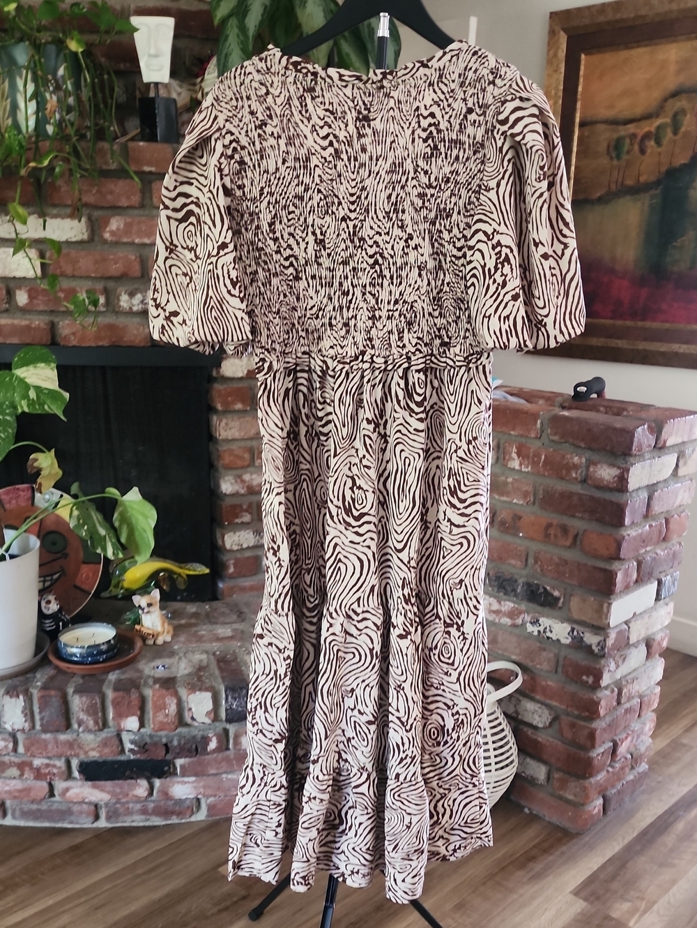 Moon River Brown Abstract Woodgrain Print Midi Dress Puff Sleeve Cottagecore Boh - Picture 5 of 11
